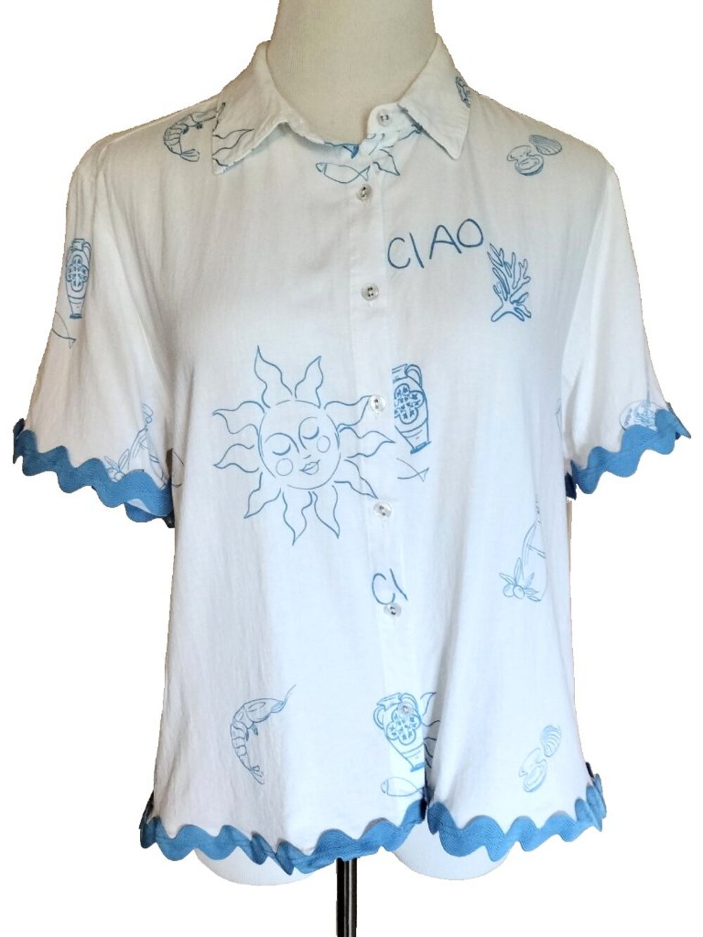 Jane + Delancey Short Sleeve Blouse L White Blue Linen Blend Rick Rack Italy